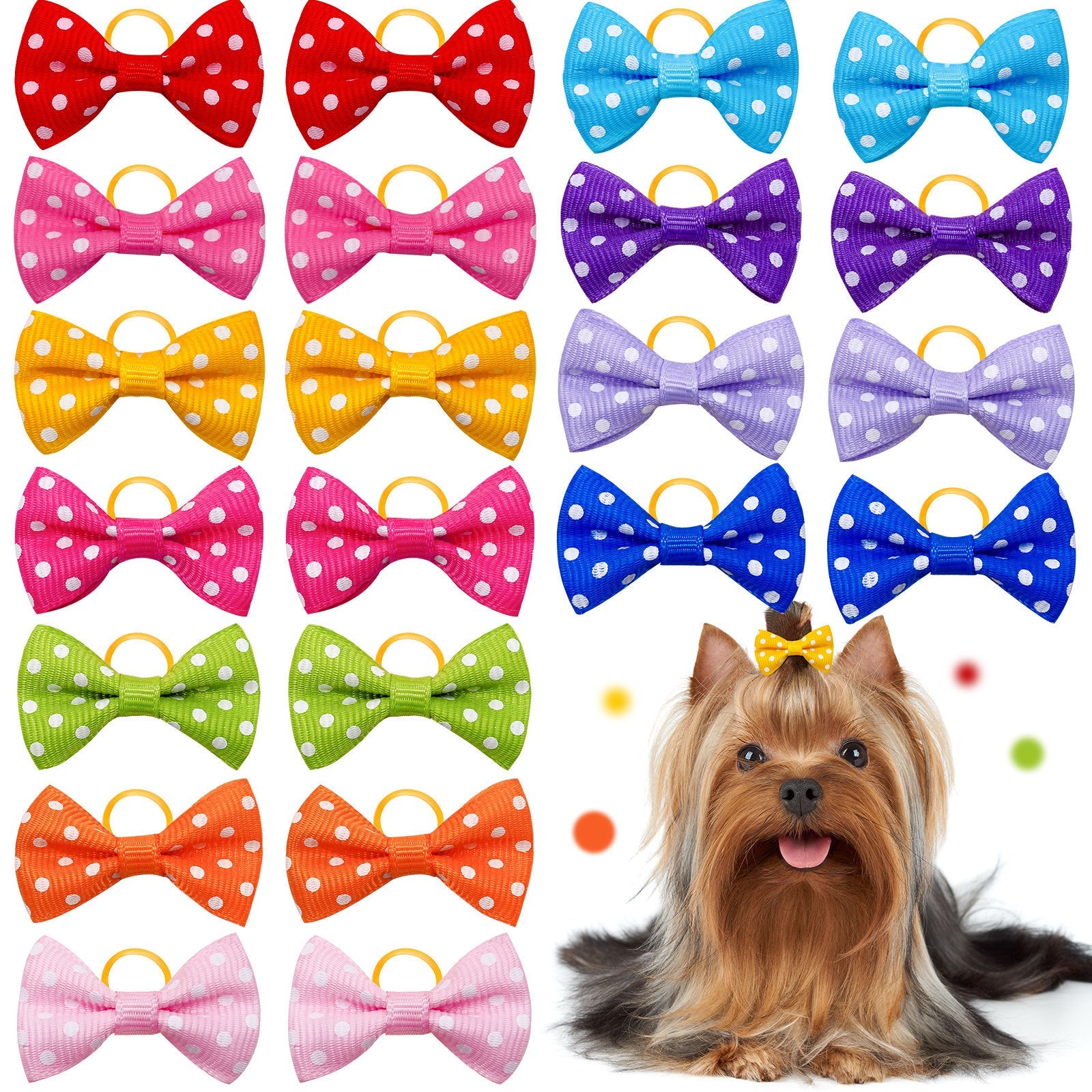 KFX-4975037 Polka Dot Bow Hair Scrunchies for Pets - 50 Pack Rubber Band Accessories