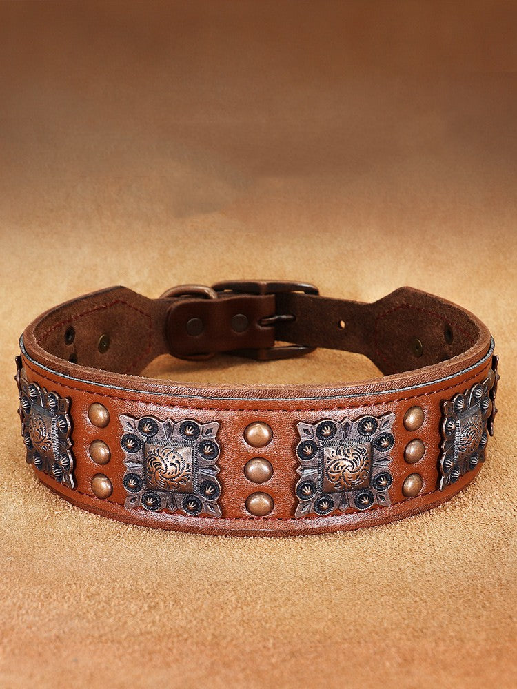 KFX-4977981 Premium Cowhide Rivet Dog Collar for Large and Extra Large Dogs, Black or Brown, Durable Design