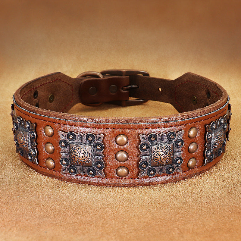 KFX-4977981 Premium Cowhide Rivet Dog Collar for Large and Extra Large Dogs, Black or Brown, Durable Design