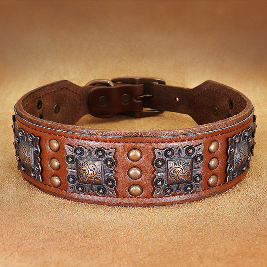 KFX-4977981 Premium Cowhide Rivet Dog Collar for Large and Extra Large Dogs, Black or Brown, Durable Design
