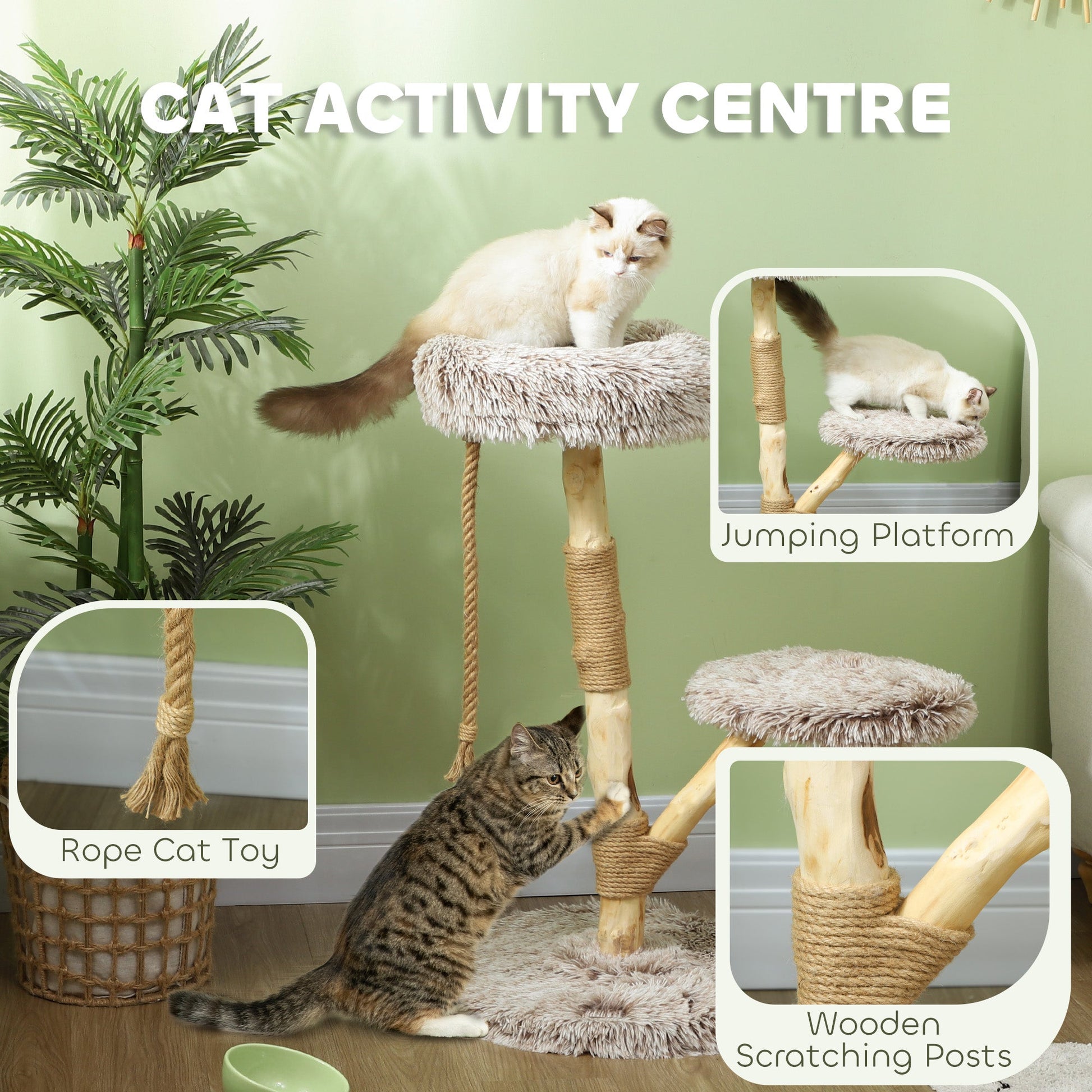 KFX-4979261 35-Inch Indoor Cat Tree with Wooden Scratching Posts, Plush Cat Bed, and Rope Toy in Brown
