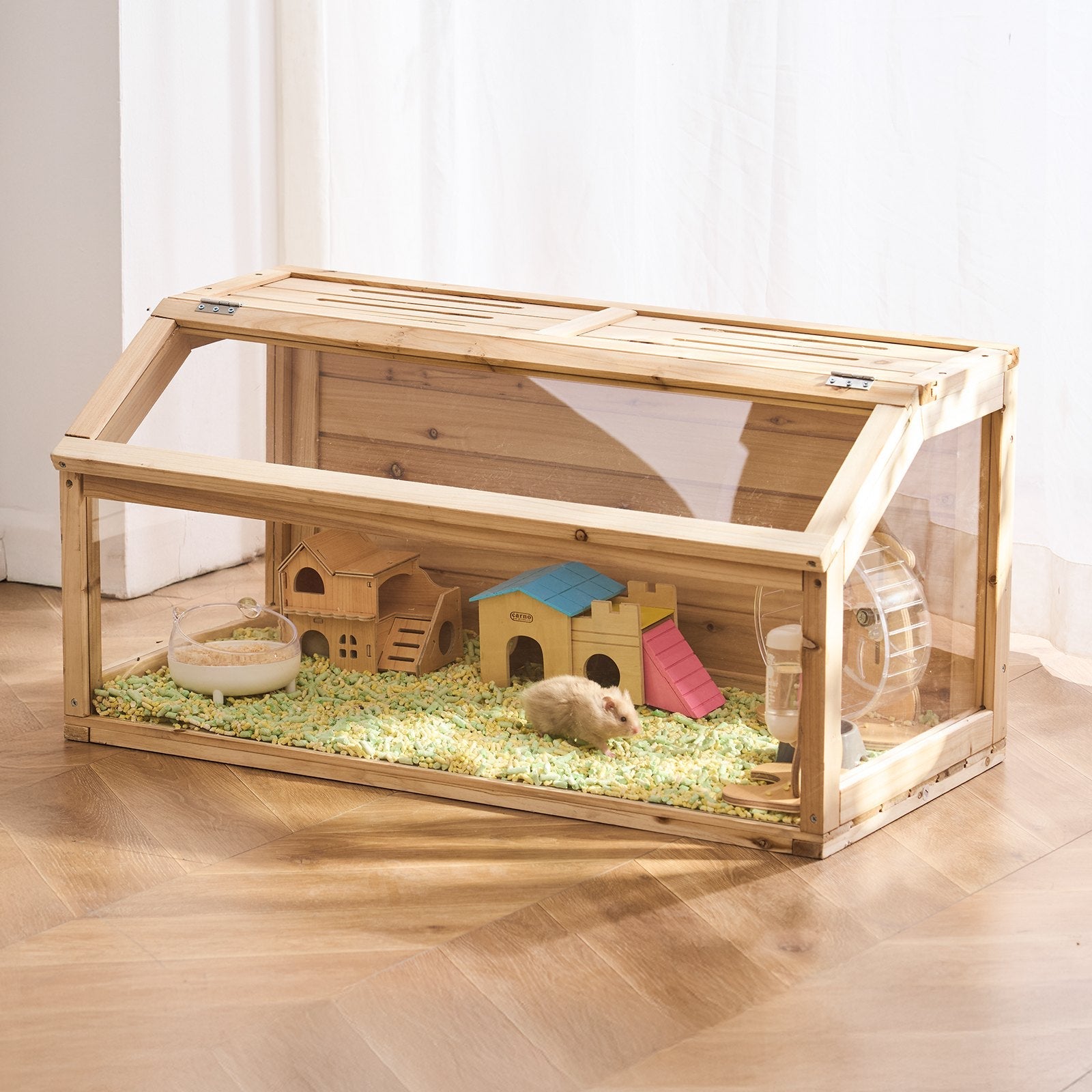 KFX-4979645 Spacious Wooden Hamster Cage Habitat with Clear Acrylic Panels for Small Pets
