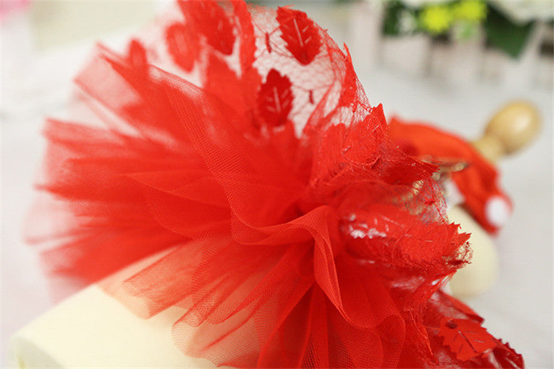KFX-4982333 Elegant Red Mesh Dog Wedding Dress with Shiny Leaf Design, Sizes XS to XL