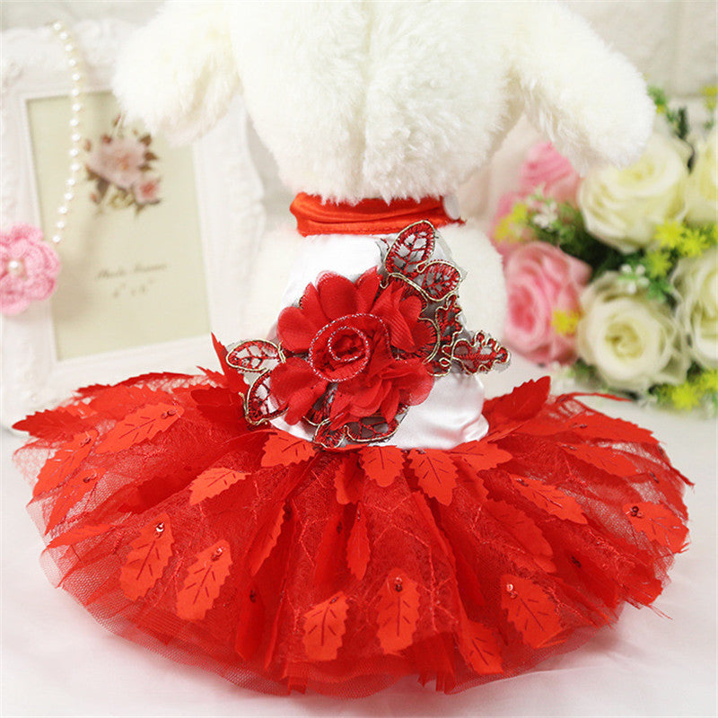 KFX-4982333 Elegant Red Mesh Dog Wedding Dress with Shiny Leaf Design, Sizes XS to XL