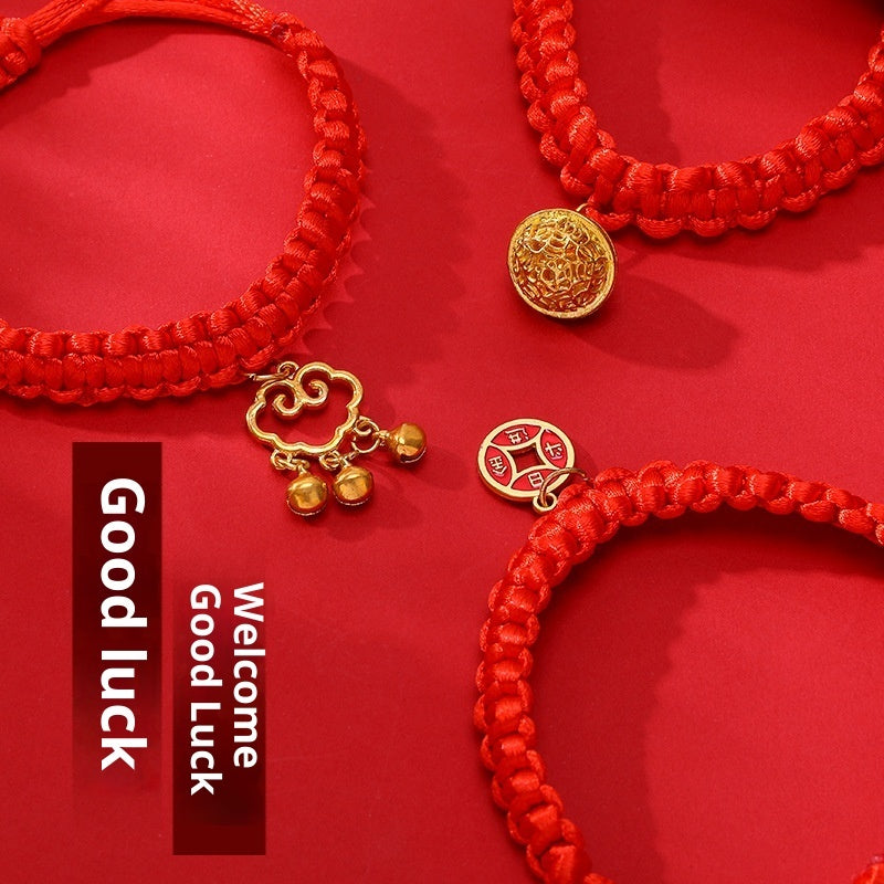 KFX-4989501 Hand-Woven Adjustable Pet Collar in Red with Auspicious Cloud and Copper Coin Designs