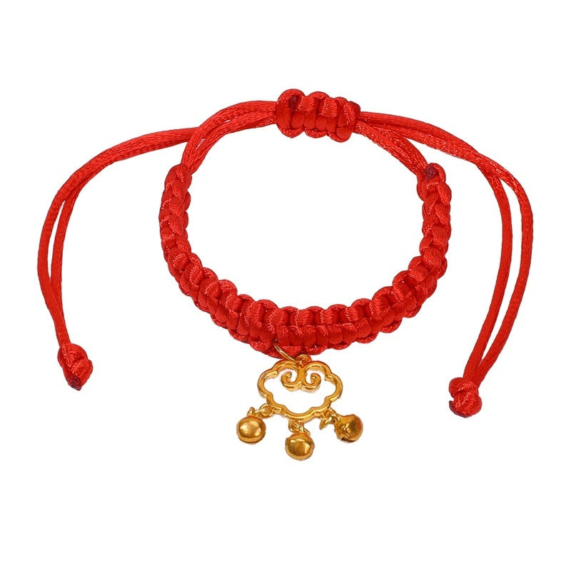 KFX-4989501 Hand-Woven Adjustable Pet Collar in Red with Auspicious Cloud and Copper Coin Designs
