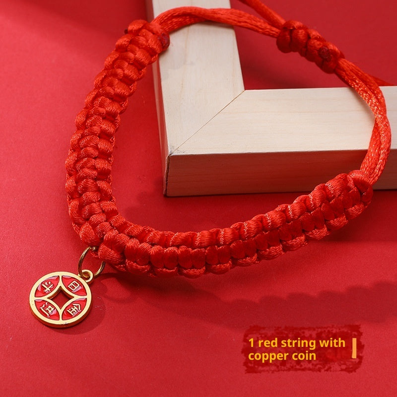 KFX-4989501 Hand-Woven Adjustable Pet Collar in Red with Auspicious Cloud and Copper Coin Designs