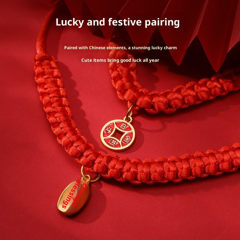 KFX-4989501 Hand-Woven Adjustable Pet Collar in Red with Auspicious Cloud and Copper Coin Designs