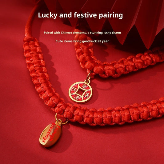 KFX-4989501 Hand-Woven Adjustable Pet Collar in Red with Auspicious Cloud and Copper Coin Designs