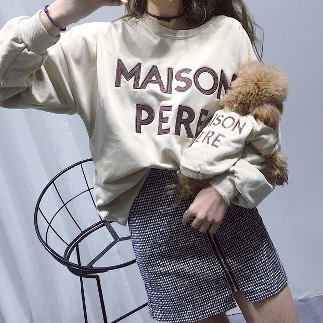 KFX-4989885 Casual Parent-Child Terry Cotton Embroidered Letter Sweater in Yellow, Apricot, Black, and Beige