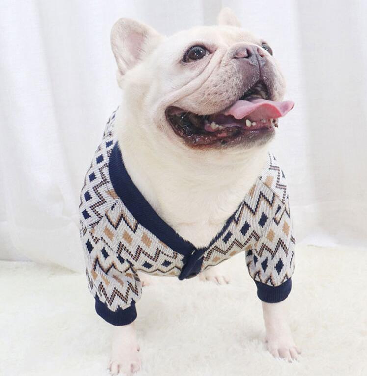 KFX-4995261 Knitted Cotton Dog Cardigan in Navy Blue and Khaki Geometric Patterns