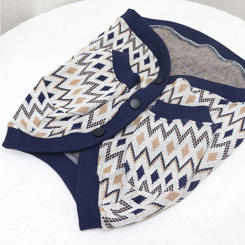 KFX-4995261 Knitted Cotton Dog Cardigan in Navy Blue and Khaki Geometric Patterns