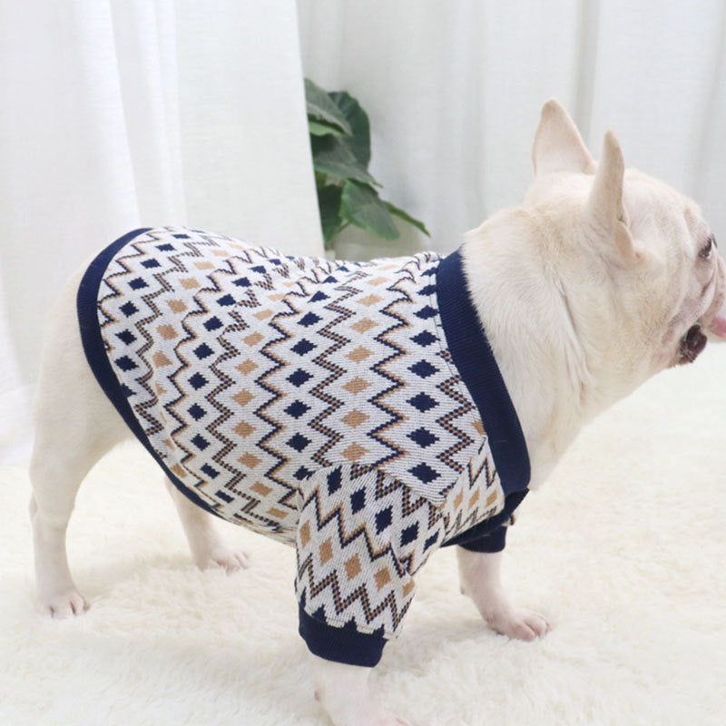 KFX-4995261 Knitted Cotton Dog Cardigan in Navy Blue and Khaki Geometric Patterns
