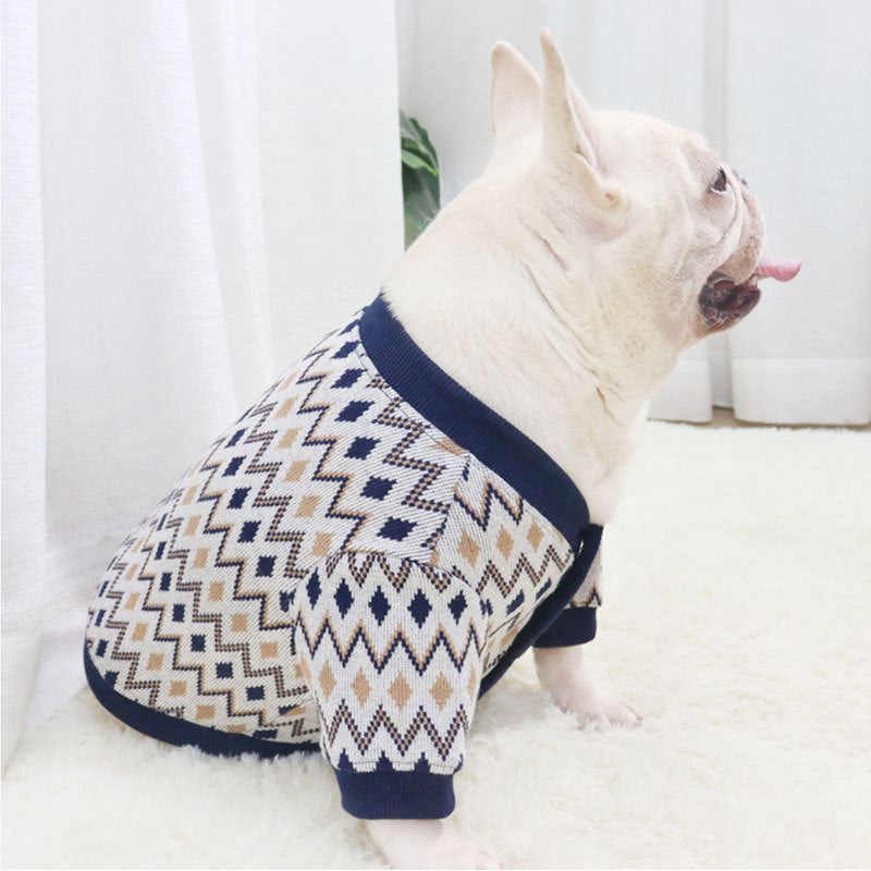 KFX-4995261 Knitted Cotton Dog Cardigan in Navy Blue and Khaki Geometric Patterns