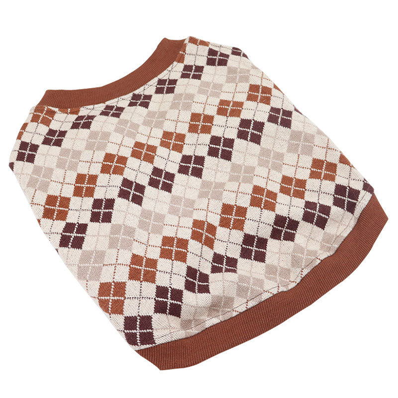 KFX-4995261 Knitted Cotton Dog Cardigan in Navy Blue and Khaki Geometric Patterns