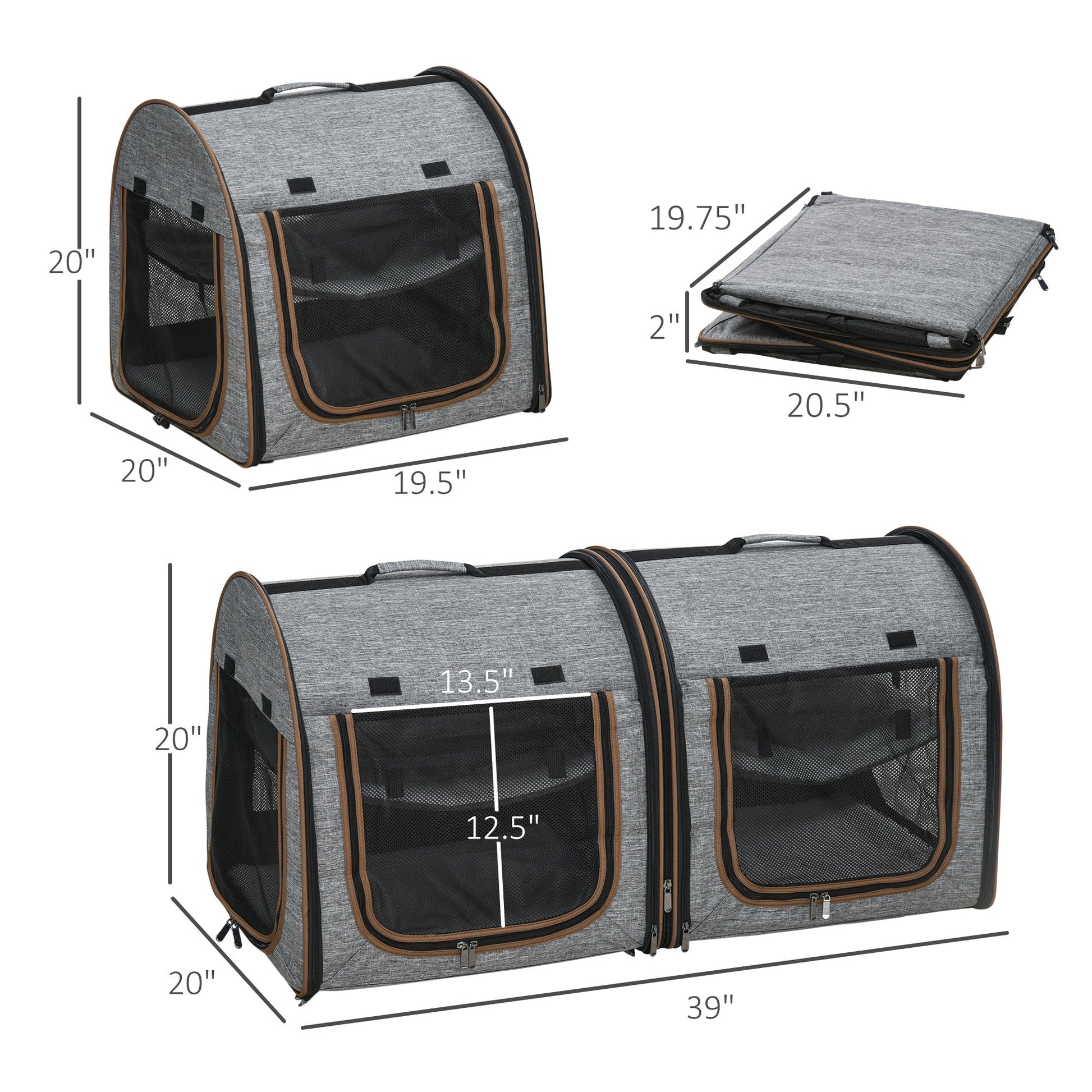 KFX-5005245 39" Soft-Sided Portable Cat Carrier with Divider, 2 Compartments, Cushions & Storage Bag, Light Gray