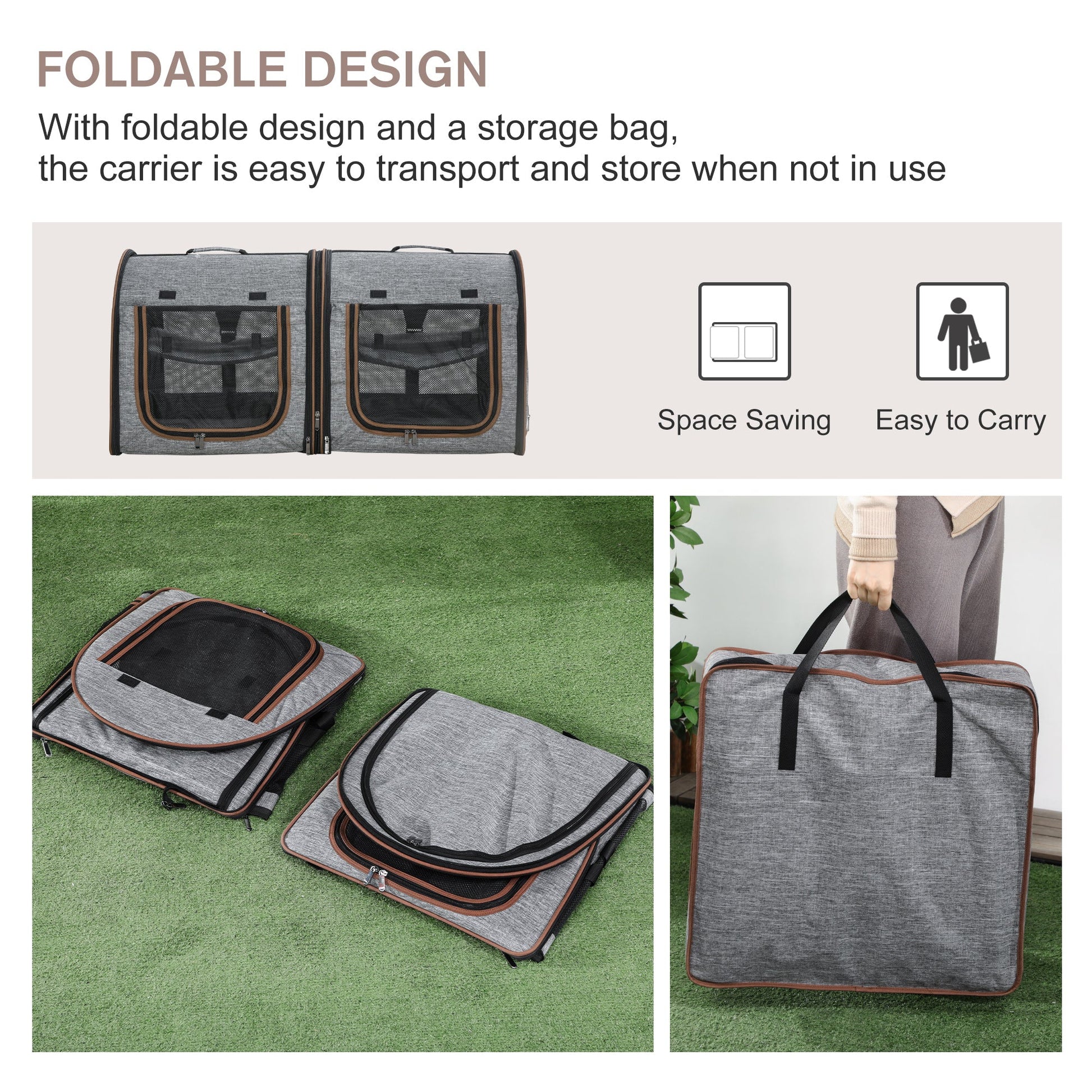 KFX-5005245 39" Soft-Sided Portable Cat Carrier with Divider, 2 Compartments, Cushions & Storage Bag, Light Gray