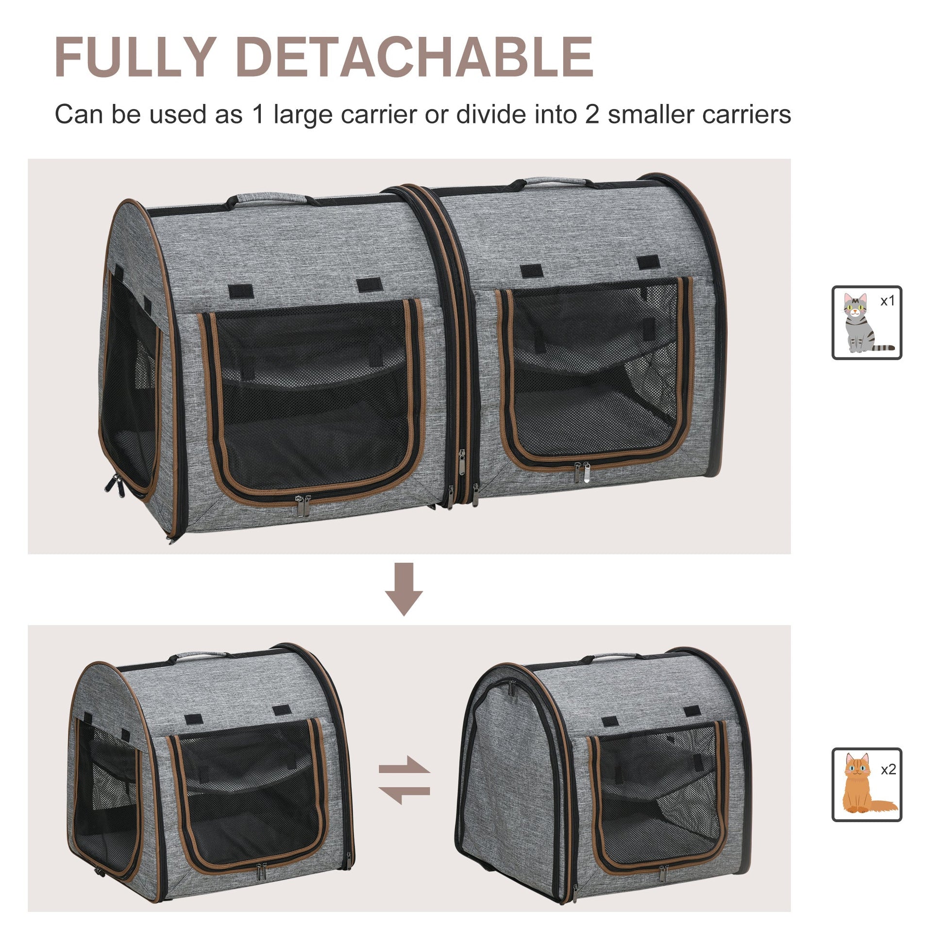 KFX-5005245 39" Soft-Sided Portable Cat Carrier with Divider, 2 Compartments, Cushions & Storage Bag, Light Gray