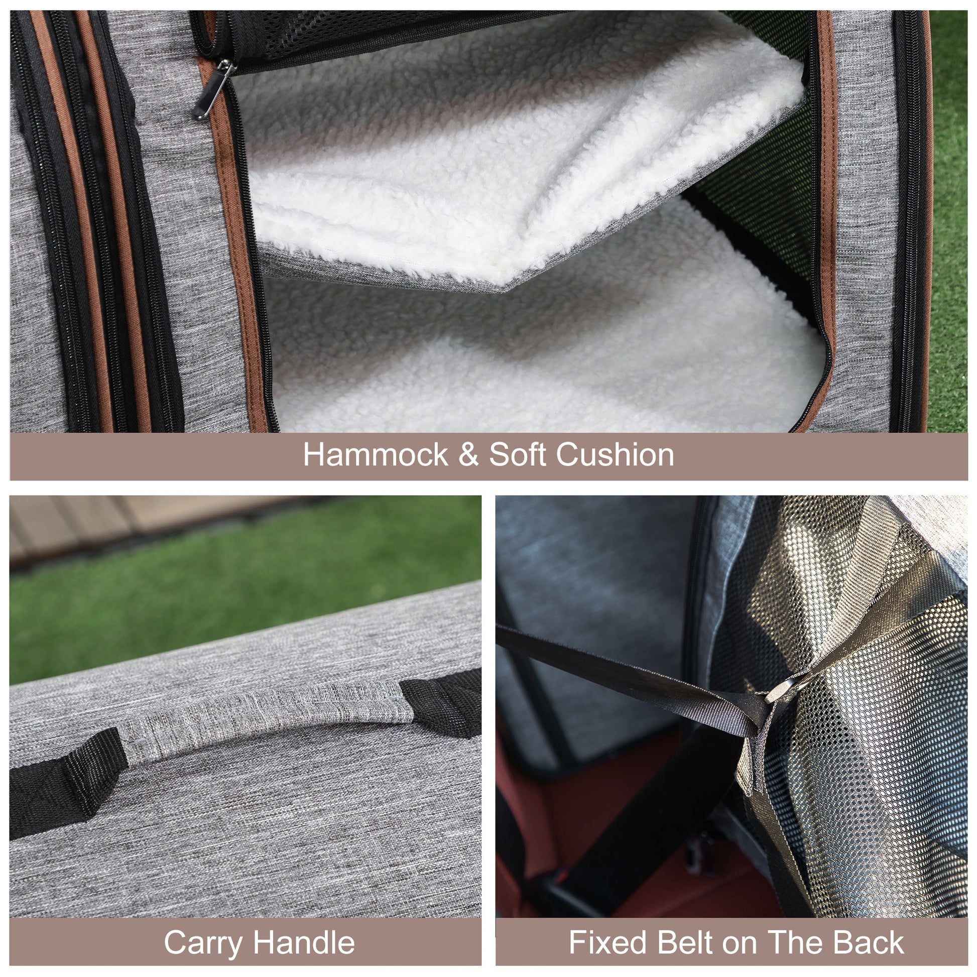 KFX-5005245 39" Soft-Sided Portable Cat Carrier with Divider, 2 Compartments, Cushions & Storage Bag, Light Gray