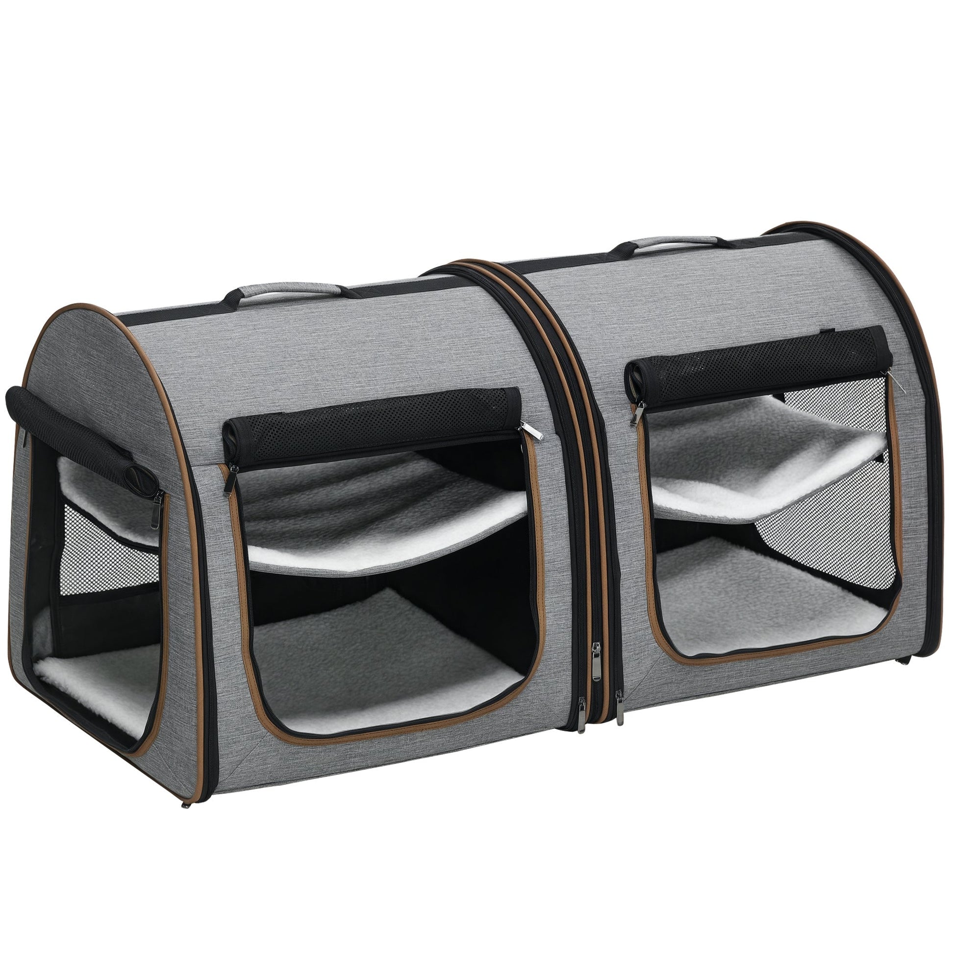 KFX-5005245 39" Soft-Sided Portable Cat Carrier with Divider, 2 Compartments, Cushions & Storage Bag, Light Gray