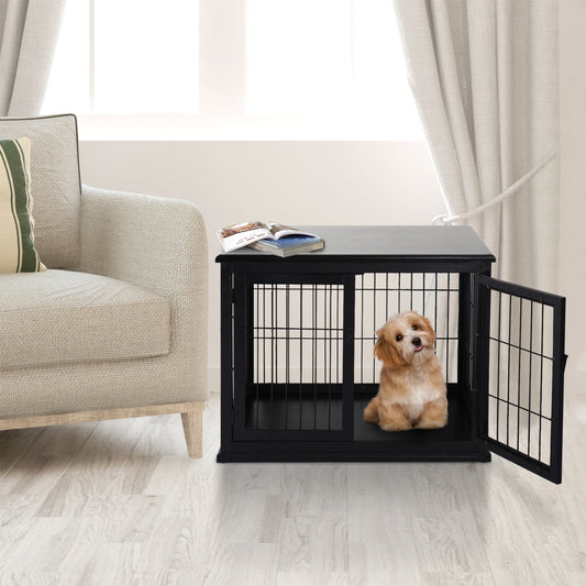 KFX-5006653 32" Black Wooden Dog Crate End Table with Lockable Doors for Small Dogs up to 44 lbs