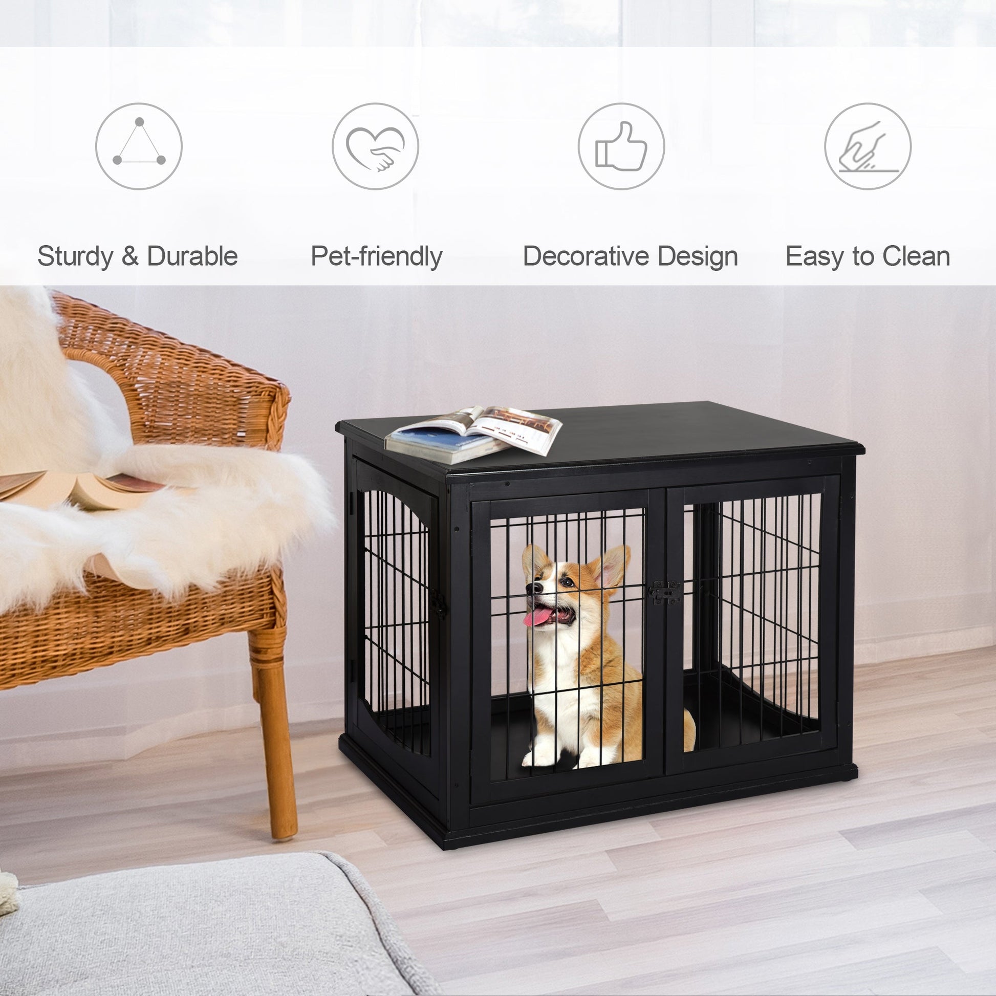 KFX-5006653 32" Black Wooden Dog Crate End Table with Lockable Doors for Small Dogs up to 44 lbs