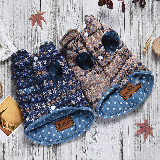 KFX-5009341 Double-Sided Casual Polka-Dot Knitted Denim Vest for Dogs - Blue & Brown, Sizes XS-7L