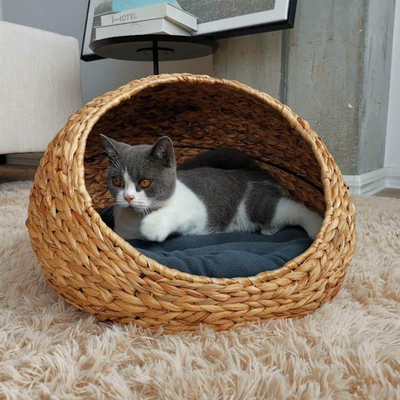 KFX-5010365 Hand-Woven Cat and Pet Nest in Gourd Grass - Available in Apricot, Brown, Macaroon Pink, and Macaroon Blue