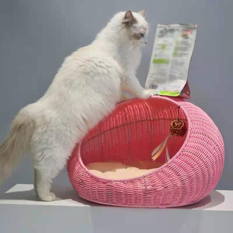 KFX-5010365 Hand-Woven Cat and Pet Nest in Gourd Grass - Available in Apricot, Brown, Macaroon Pink, and Macaroon Blue