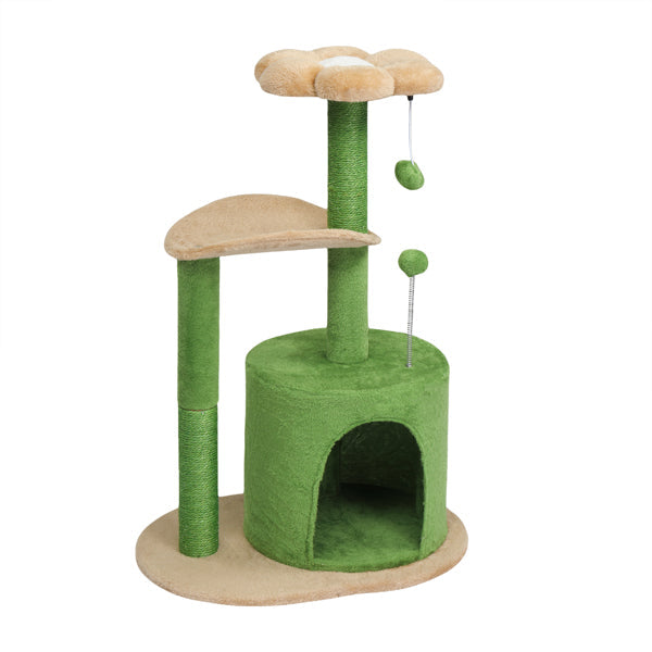 KFX-5012029 Multi-Level Cat Tree with Cozy Condo, Curved Perch, and Plush Top Bed – Ideal for Kittens and Small Cats, Beige & Green