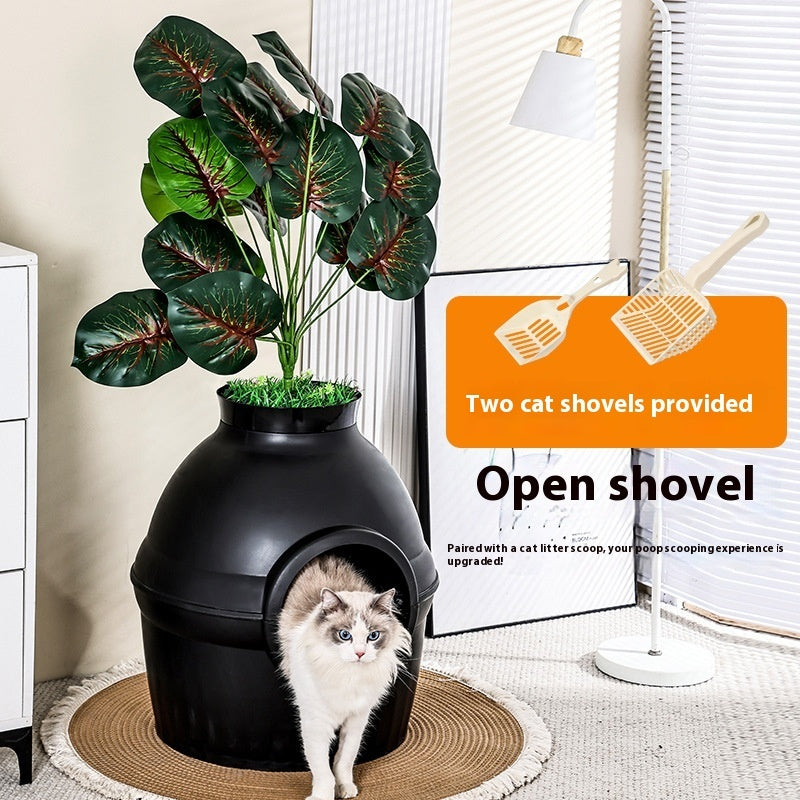 KFX-5017789 Enclosed Folding Cat House Litter Box - Splash-Proof Design in Black & White