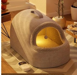 KFX-5018557 Cozy All-Season Plush Cat & Dog House with Heated Blanket and Scratch Ball