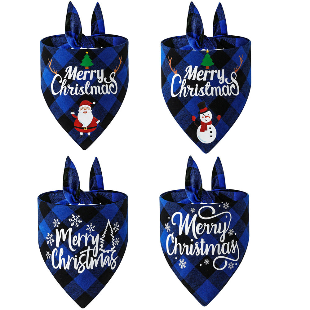 KFX-5021885 Christmas Cotton Plaid Pet Triangle Scarf - Santa Claus & Snowman Design, Size L 65x45x45cm