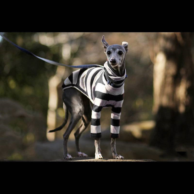 KFX-5022653 Comfortable Fleece High Necked Striped Two-Legged Dog Clothing in Black, Purple, Dark Blue, Camel