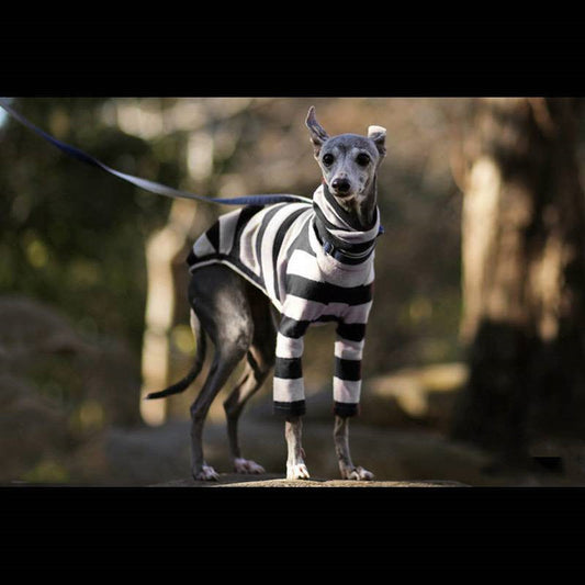 KFX-5022653 Comfortable Fleece High Necked Striped Two-Legged Dog Clothing in Black, Purple, Dark Blue, Camel