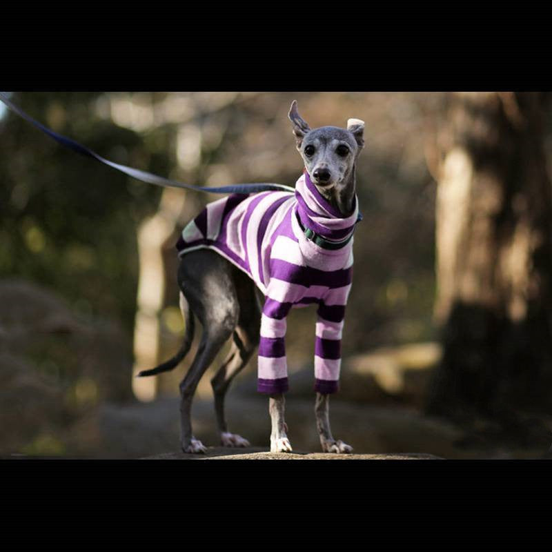 KFX-5022653 Comfortable Fleece High Necked Striped Two-Legged Dog Clothing in Black, Purple, Dark Blue, Camel