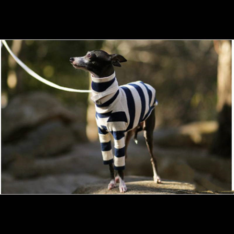 KFX-5022653 Comfortable Fleece High Necked Striped Two-Legged Dog Clothing in Black, Purple, Dark Blue, Camel