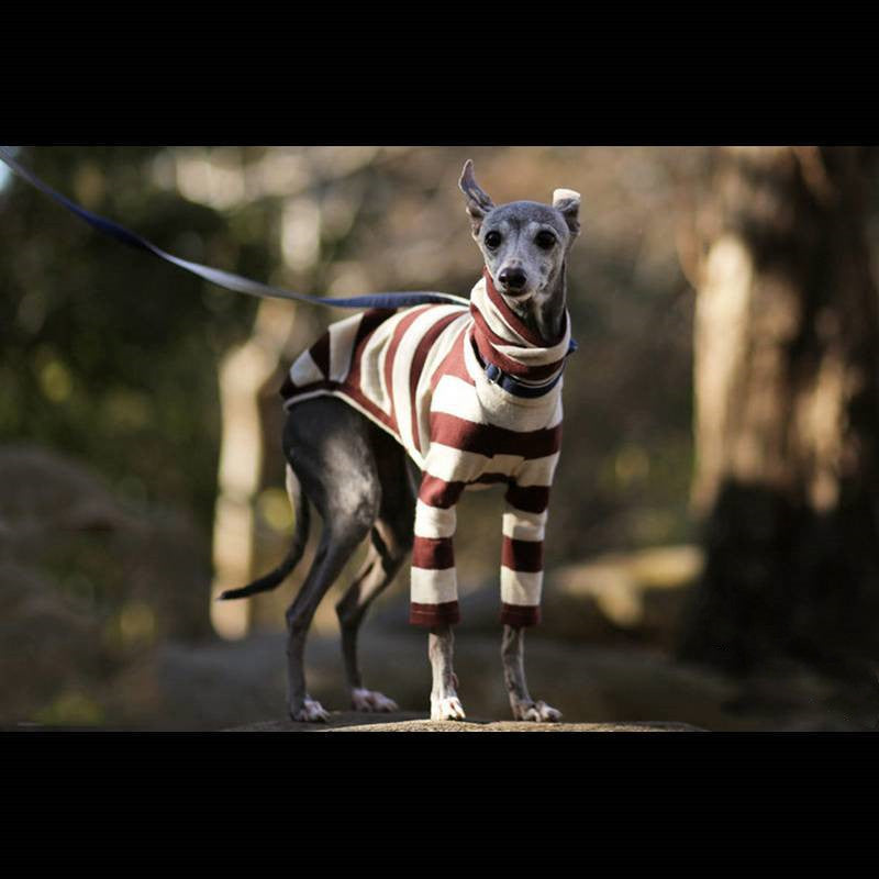 KFX-5022653 Comfortable Fleece High Necked Striped Two-Legged Dog Clothing in Black, Purple, Dark Blue, Camel