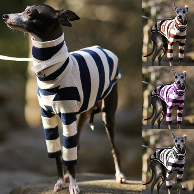 KFX-5022653 Comfortable Fleece High Necked Striped Two-Legged Dog Clothing in Black, Purple, Dark Blue, Camel