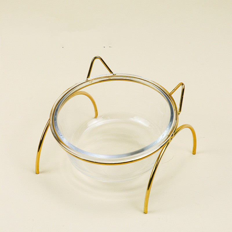 KFX-5024445 Elegant Double Glass Cat Bowl with Gold Stand for Cervical Spine Support