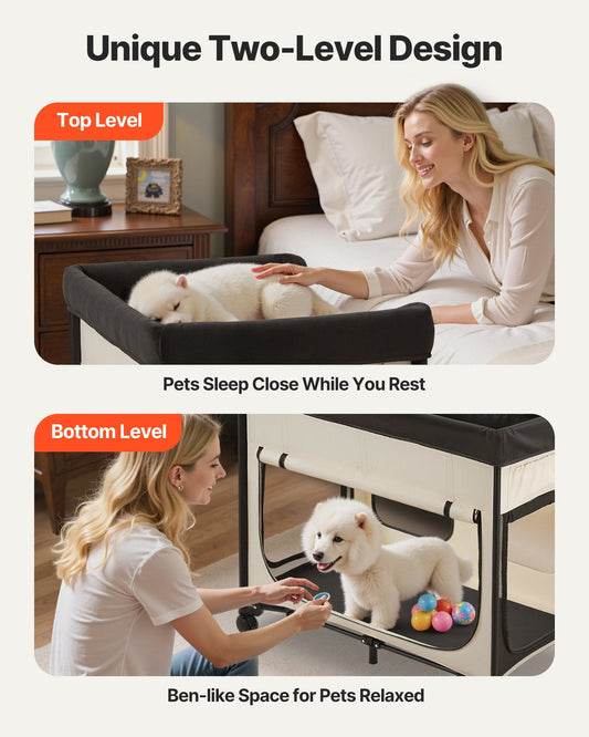 KFX-5028669 Foldable Dual-Level Dog Bed with Wheels, Side Bags, and Heavy-Duty Support