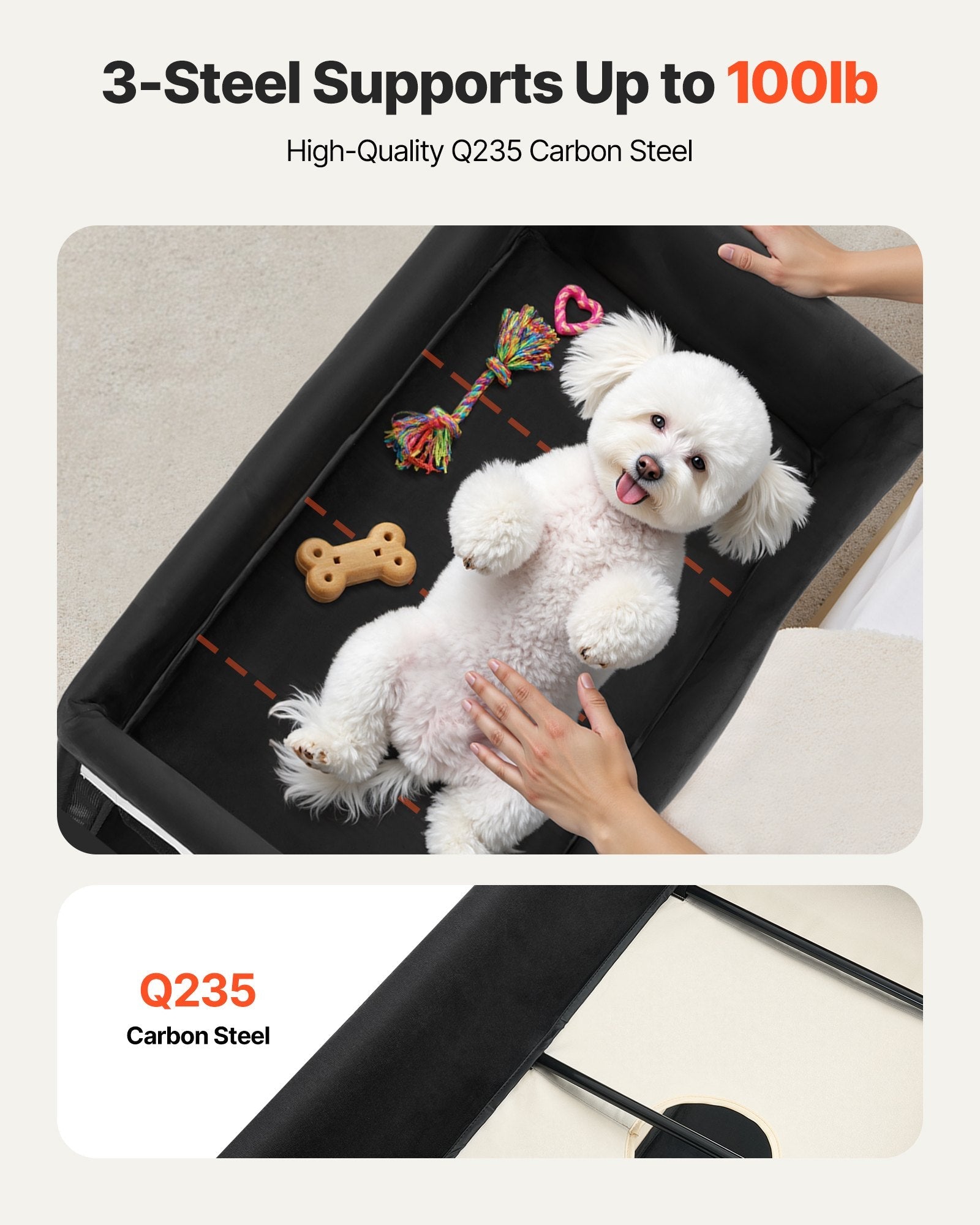 KFX-5028669 Foldable Dual-Level Dog Bed with Wheels, Side Bags, and Heavy-Duty Support