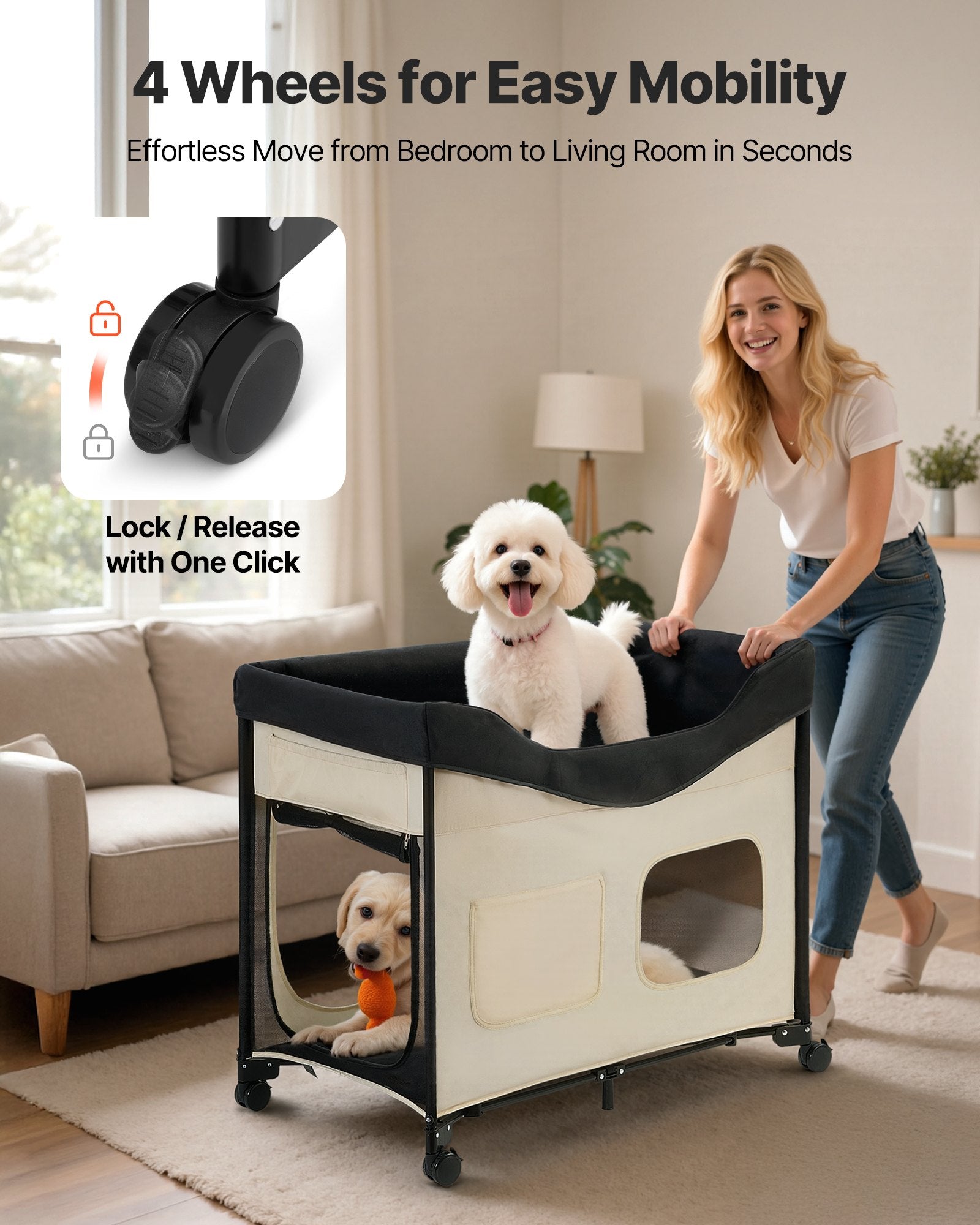 KFX-5028669 Foldable Dual-Level Dog Bed with Wheels, Side Bags, and Heavy-Duty Support