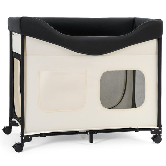 KFX-5028669 Foldable Dual-Level Dog Bed with Wheels, Side Bags, and Heavy-Duty Support