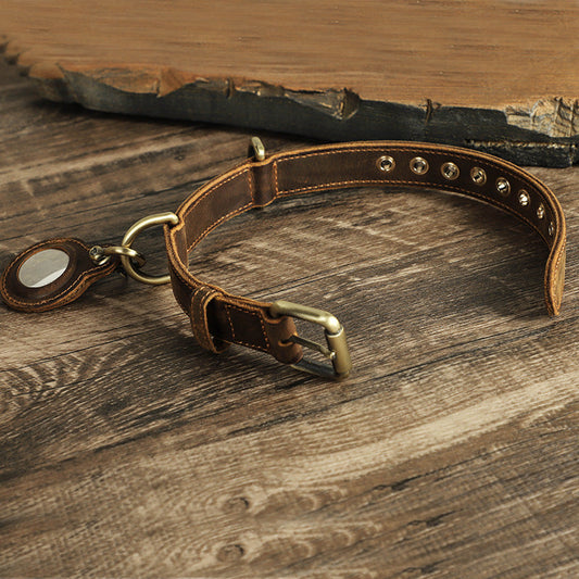 KFX-5031485 Double-Sided Cowhide Dog Collar - Handmade Retro Design for Anti-Lost Tracking