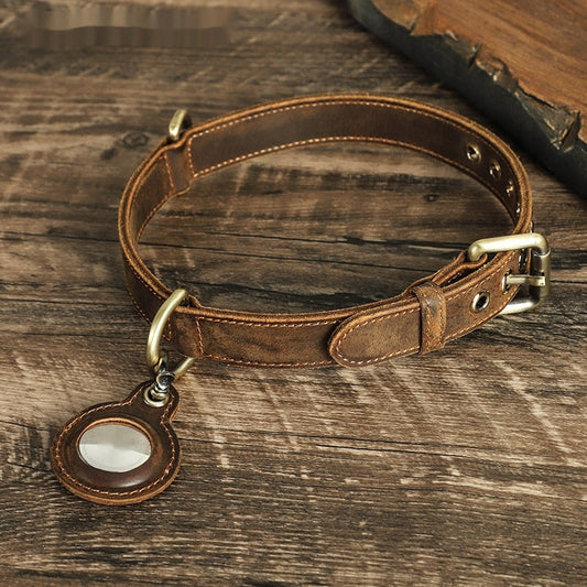 KFX-5031485 Double-Sided Cowhide Dog Collar - Handmade Retro Design for Anti-Lost Tracking