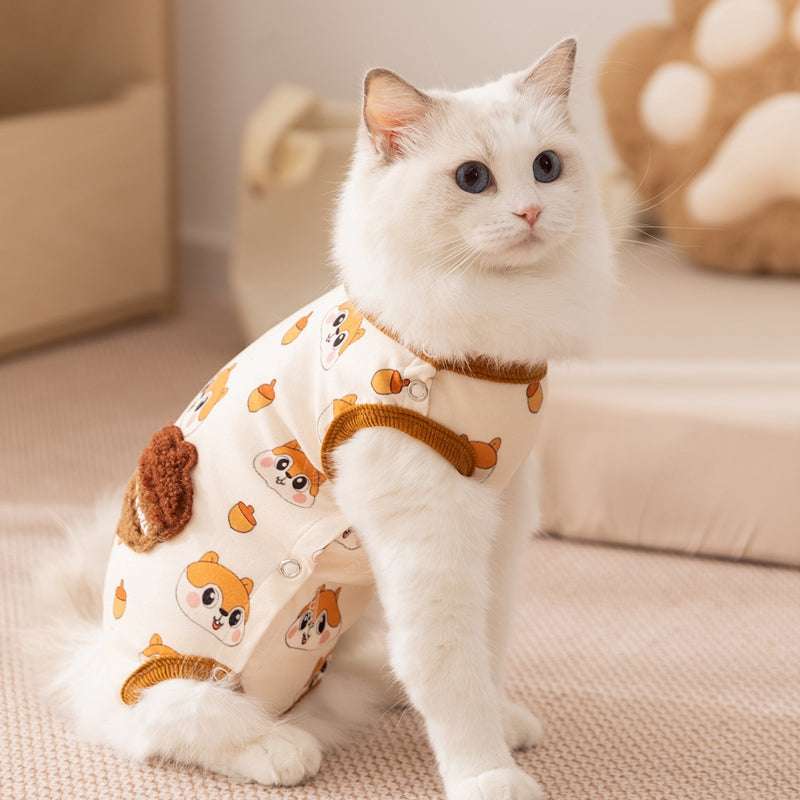 KFX-5034557 Cozy Squirrel Print Dog Jumpsuit with Fuzzy Acorn Pocket, Sleeveless Winter Outfit