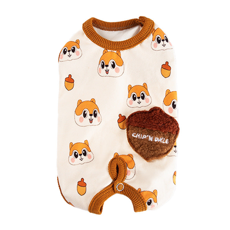 KFX-5034557 Cozy Squirrel Print Dog Jumpsuit with Fuzzy Acorn Pocket, Sleeveless Winter Outfit