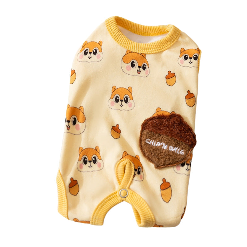 KFX-5034557 Cozy Squirrel Print Dog Jumpsuit with Fuzzy Acorn Pocket, Sleeveless Winter Outfit