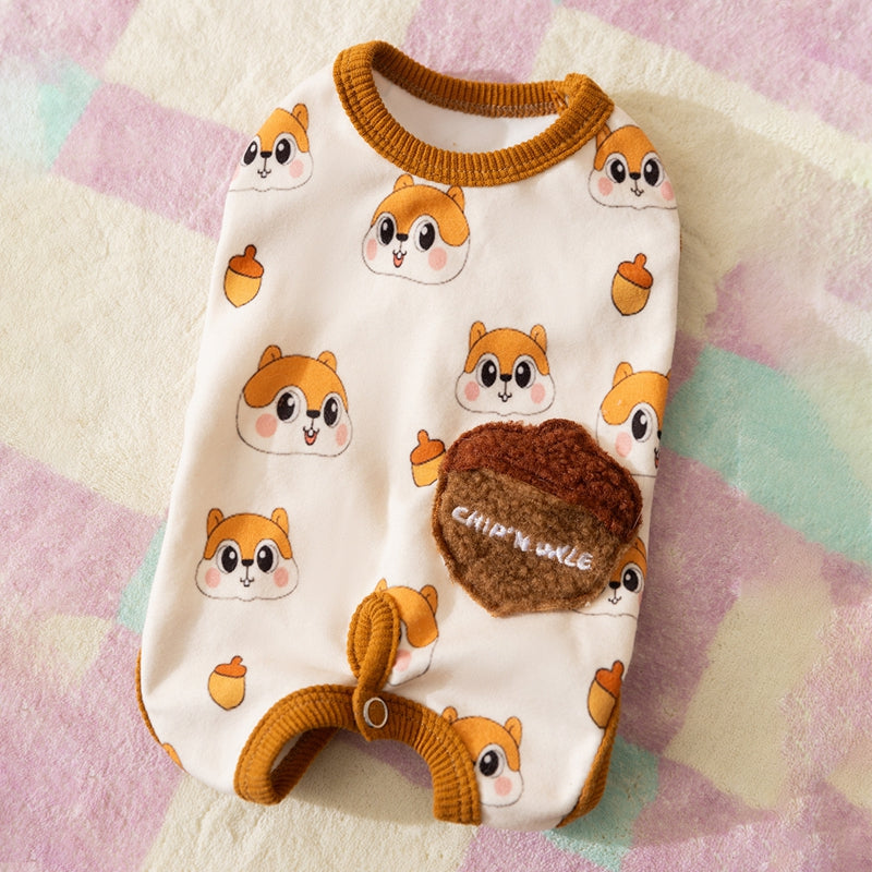 KFX-5034557 Cozy Squirrel Print Dog Jumpsuit with Fuzzy Acorn Pocket, Sleeveless Winter Outfit